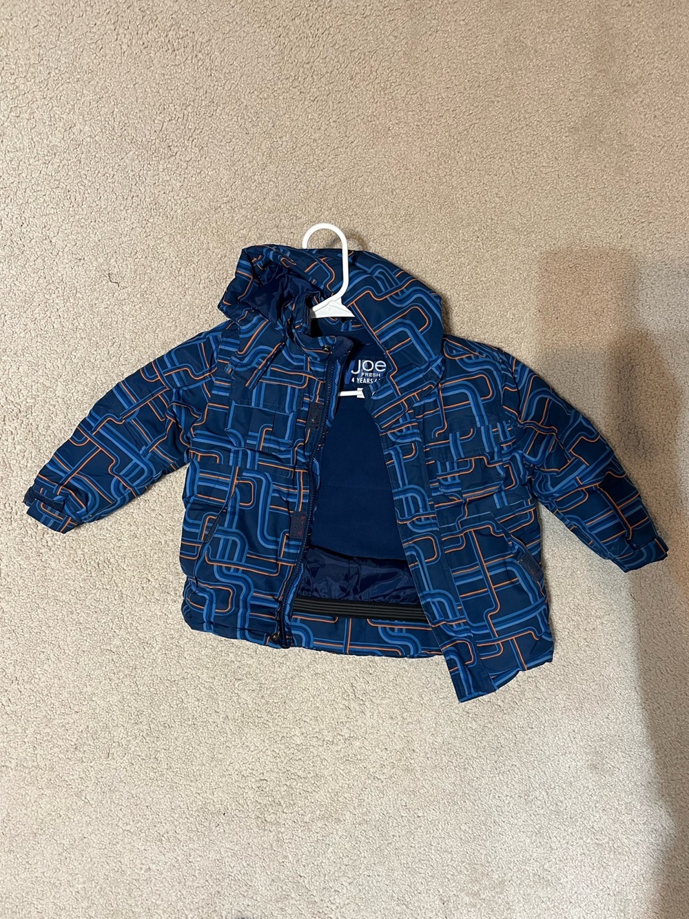 Joe Fresh Navy and Orange Geometric Puffer Jacket
